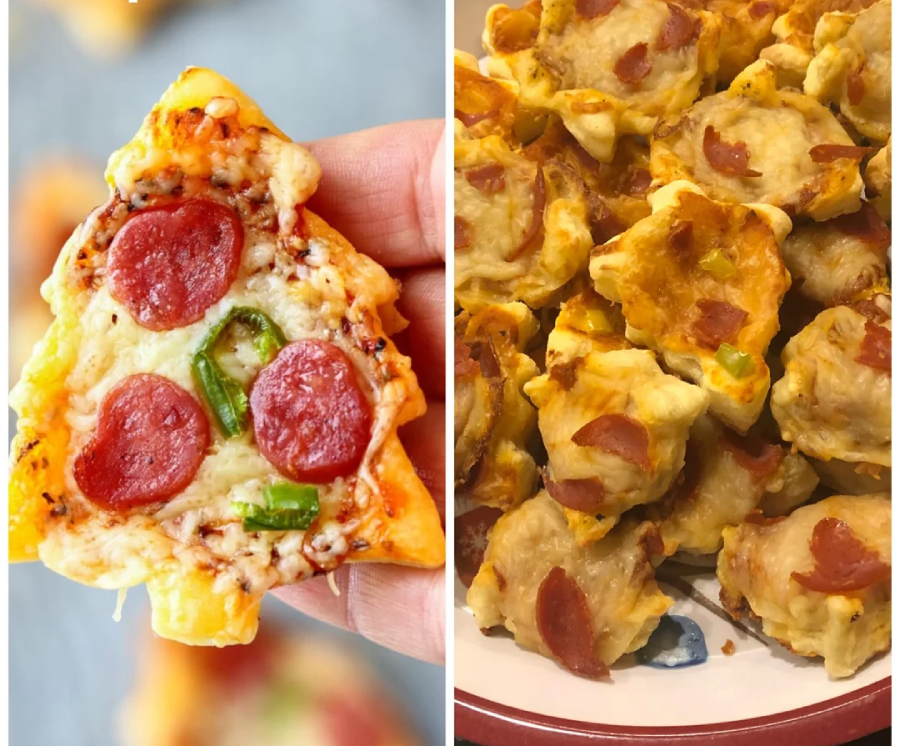 Close-up of a hand holding a mini pizza bite with pepperoni slices and green peppers on the left; on the right, a plate piled with many similar mini pizza bites.