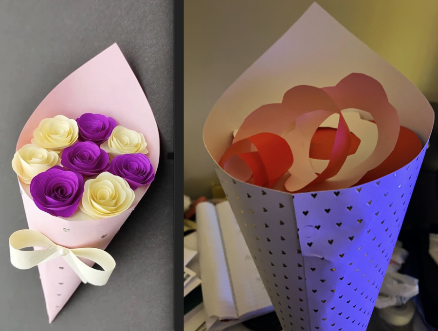 Side-by-side comparison of two handmade paper flower bouquets: one with purple and cream roses in a pink wrapper, the other with abstract pink shapes in a white wrapper with small black hearts.