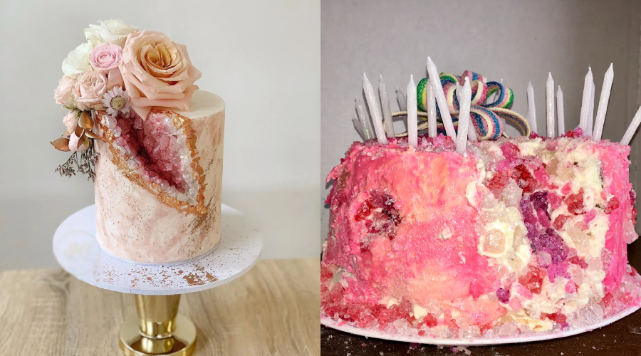 Side-by-side comparison of two cakes: the left cake is elegant with pink flowers and a geode design, while the right cake is messy, pink, and unevenly decorated with white candles.