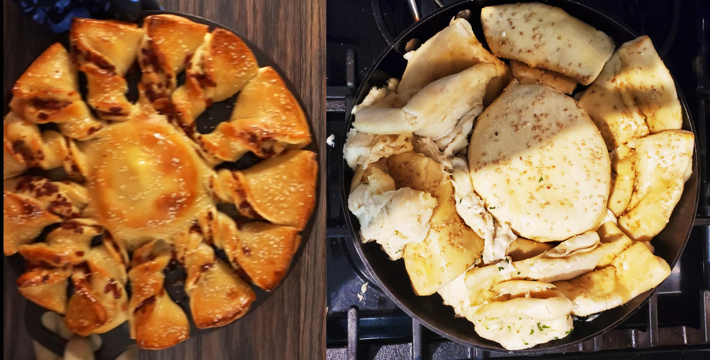 Side-by-side images show a neatly baked, golden-brown star-shaped bread on the left and a pan of torn, unevenly cooked bread pieces on the right, both placed on dark surfaces.