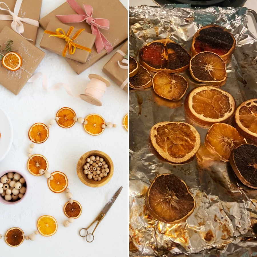 Left: Dried orange slices and wooden beads form a garland near wrapped gifts and crafting tools. Right: Various dried citrus slices, some darkened, rest on a foil-lined baking tray.