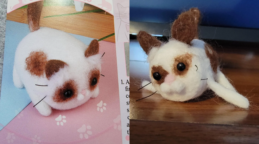 Two felted cat figurines are shown side by side. The left one is neatly made with round eyes, brown ears, and pink nose, while the right one is less polished, with uneven features and a slightly droopy appearance.