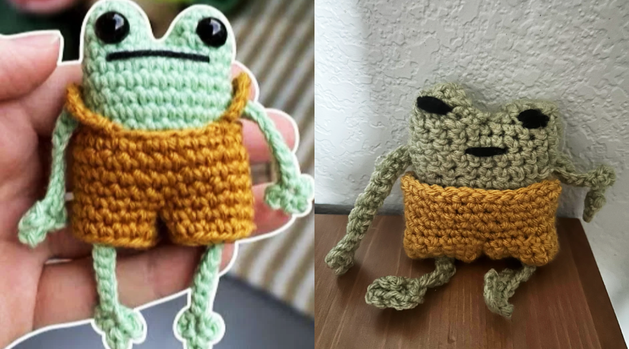 Two crocheted frog dolls wearing orange shorts: the left one is neatly made and cute, while the right one is unevenly shaped with lopsided eyes and limbs.