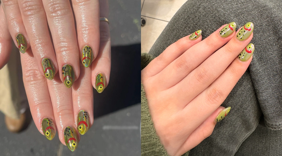 Two hands with olive green nails featuring red, yellow, and black abstract dot and line designs, shown in outdoor sunlight on the left and indoors on the right.
