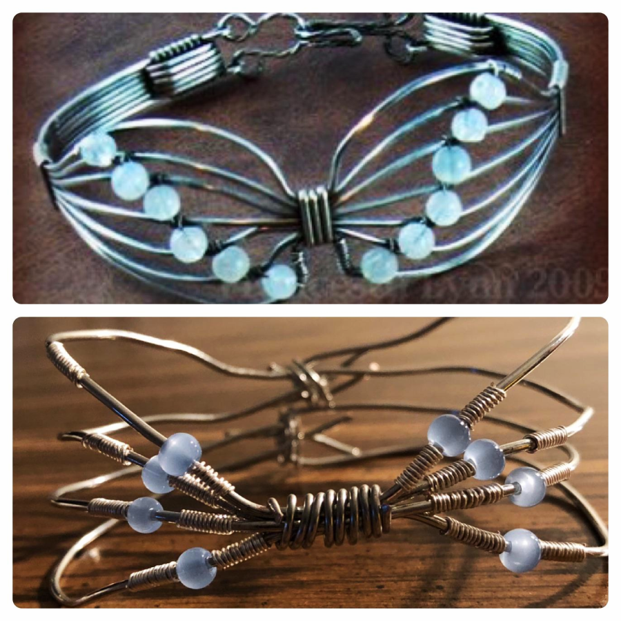 Two wire-wrapped bracelets, each shaped like butterfly wings with light blue beads for decoration. The top bracelet is pictured on a dark background, while the bottom bracelet is on a wooden surface.