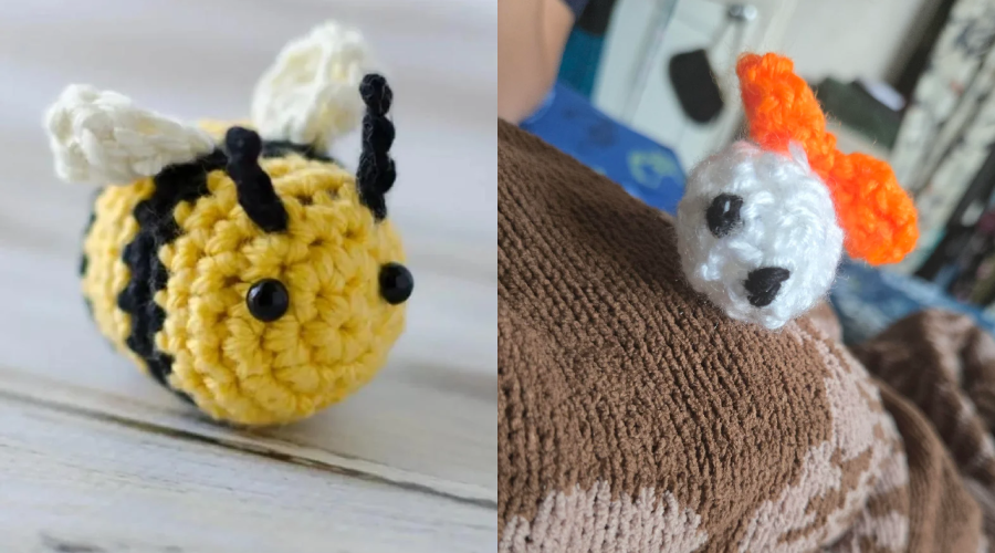 Two small crocheted animals: a yellow and black bee with wings and antennae on the left, and a white creature with orange ears and black eyes on the right, both displayed on soft surfaces.