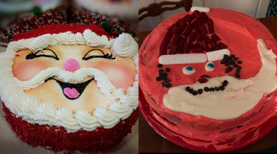 Two cakes decorated as Santa Claus: the left cake is detailed and cheerful with smooth icing, while the right cake has uneven red icing, candy details, and a less polished appearance.