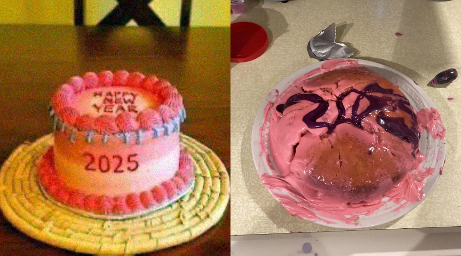 Side-by-side cakes: Left, a neatly decorated pink cake with “Happy New Year 2025” written on top. Right, a messy pink cake with “2025” in dark icing, uneven and partially broken.