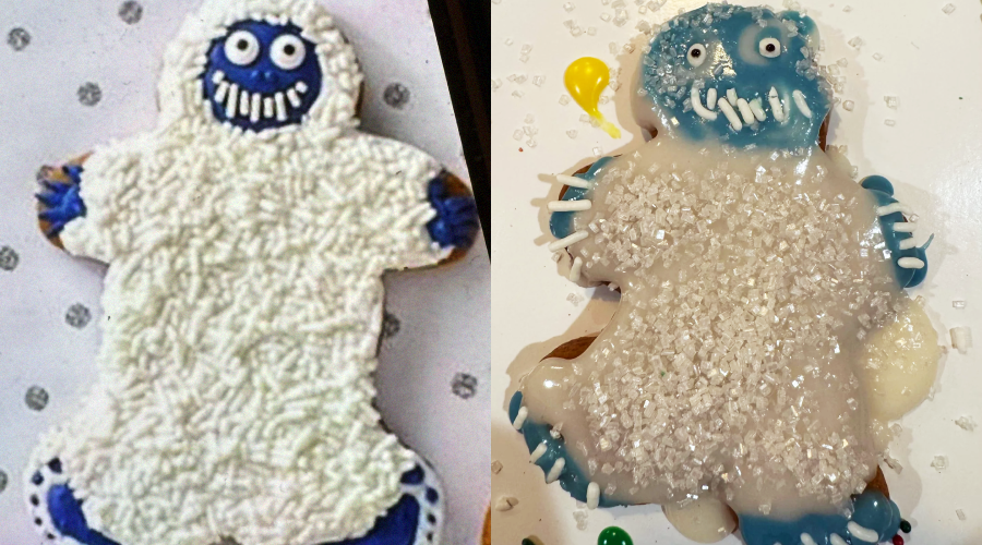 Two decorated cookies shaped like abominable snow monsters are shown side by side. The left cookie looks neat and detailed, while the right one is messier with smeared icing but similar features.