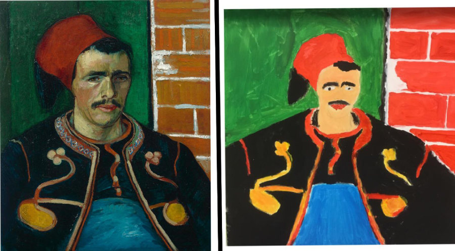 Two portraits side by side: on the left, a detailed painting of a man in a red hat and traditional clothing; on the right, a simplified, more abstract version with bold colors and less detail.