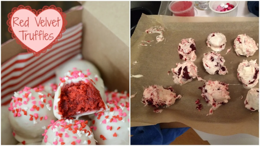 Split image: Left side shows neat red velvet truffles coated in white chocolate with heart sprinkles, one bitten to reveal red center. Right side shows messy, unevenly coated truffles on parchment paper.