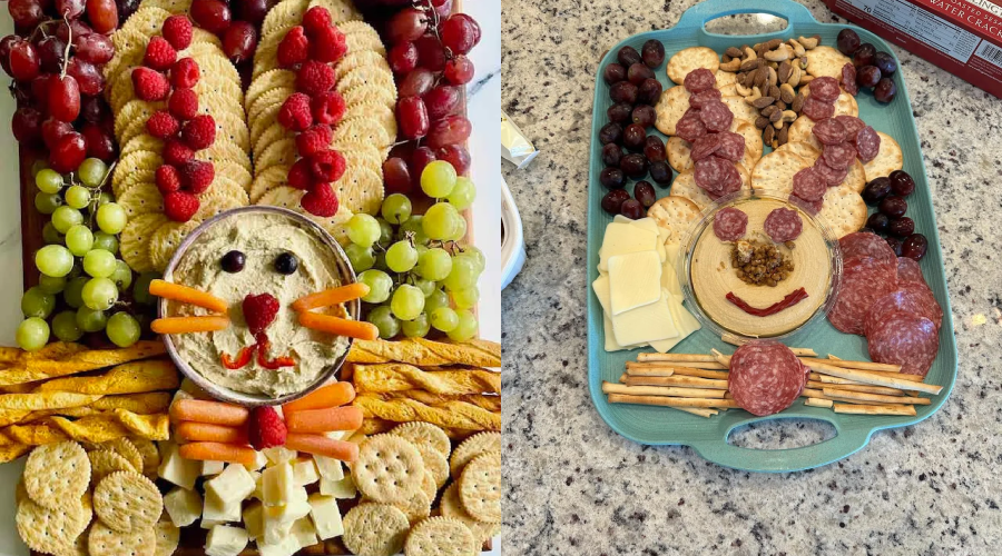 Two bunny-shaped charcuterie boards with crackers, cheese, fruit, and veggies arranged to form faces and ears; the left board looks more detailed, while the right is a simpler version on a blue tray.
