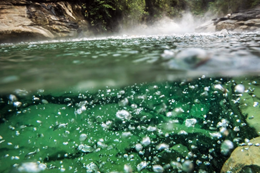 Close-up view of a river split between above and below the water surface, showing bubbling water and rocks underwater, with mist and greenery on the banks in the background.