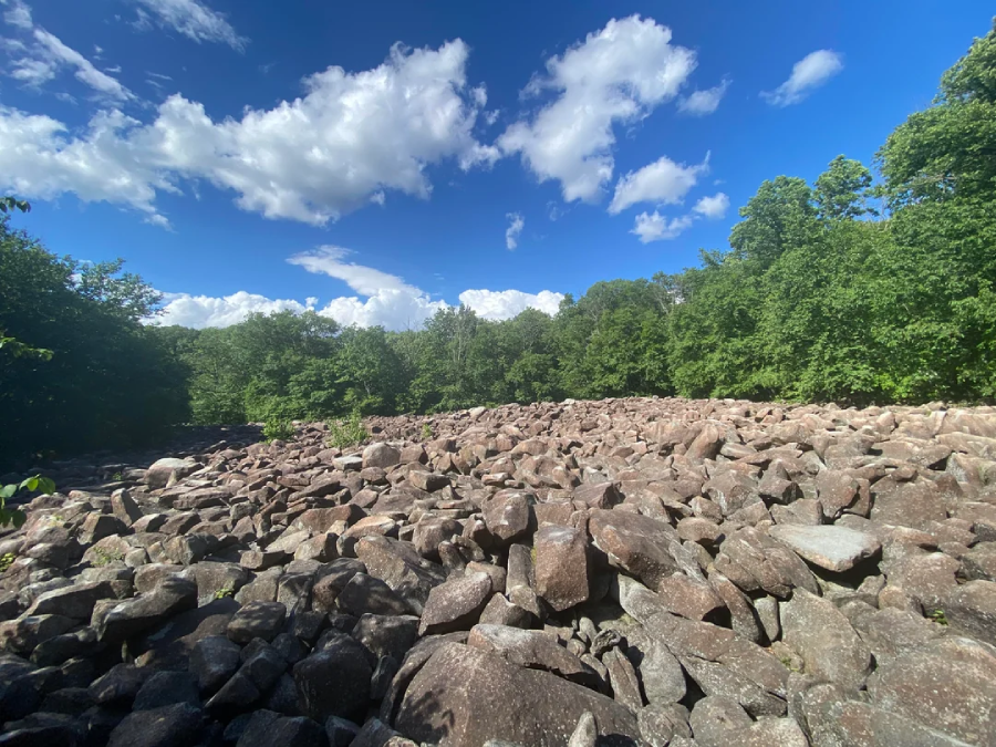 A large field of boulders stretches across the foreground, surrounded by lush green trees under a bright blue sky with scattered white clouds.