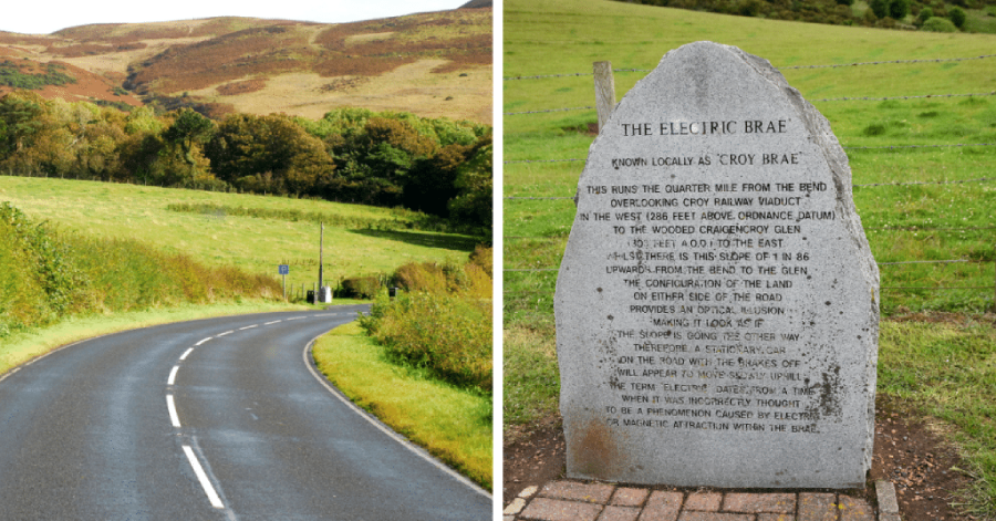 A split image showing a winding rural road on the left and a stone marker inscribed with information about the Electric Brae, a gravity hill near Croy Brae in Scotland, on the right. Green hills and grass surround both.