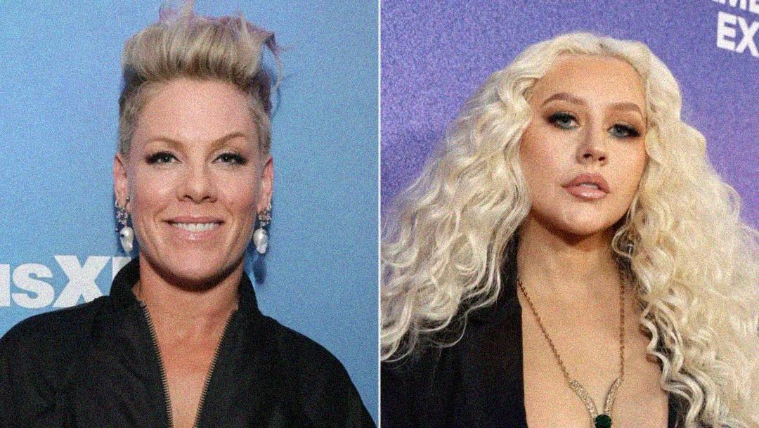 Two women at separate events: on the left, a woman with short blonde hair styled upward and wearing a black jacket, and on the right, a woman with long, curly platinum blonde hair wearing a low-cut black top.