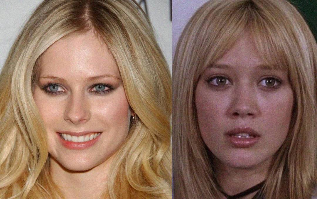 Two young women with long blonde hair and similar facial features, shown in close-up side-by-side; one is smiling, the other has a neutral expression.