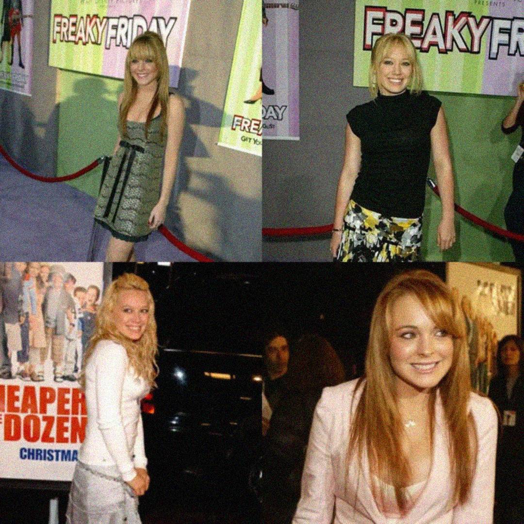 A collage of four photos shows young women posing on red carpets at movie premieres, including "Freaky Friday" and "Cheaper by the Dozen." Each is dressed in trendy outfits, smiling for the cameras.