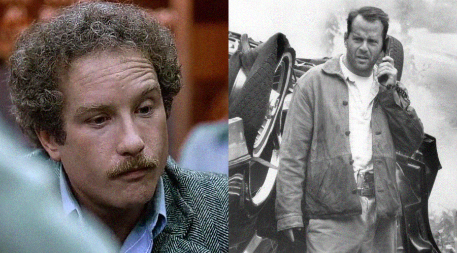 Split image: On the left, a man with curly hair and a mustache looks serious indoors. On the right, another man stands outdoors by an overturned car, talking on a phone, wearing a jacket and jeans.