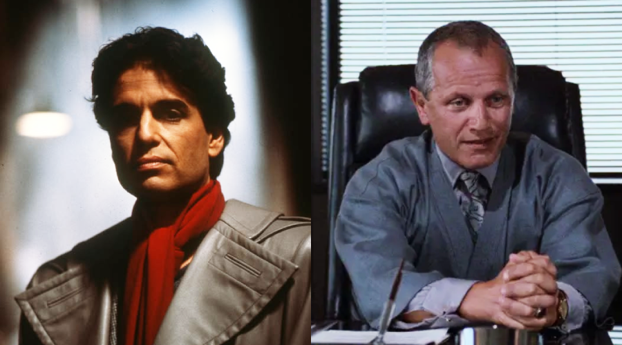 Split image: On the left, a man with dark hair wears a gray coat and red scarf, looking serious. On the right, an older man in a gray suit sits at a desk with hands clasped, appearing to speak or listen in an office setting.