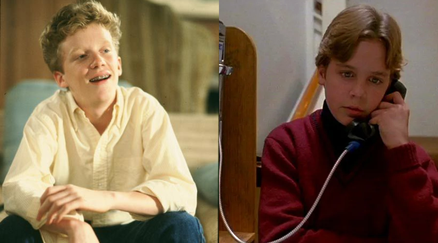 Side-by-side images of two boys: on the left, a smiling boy with curly blond hair wearing a light shirt; on the right, a serious boy with light brown hair in a red sweater, speaking on a payphone.