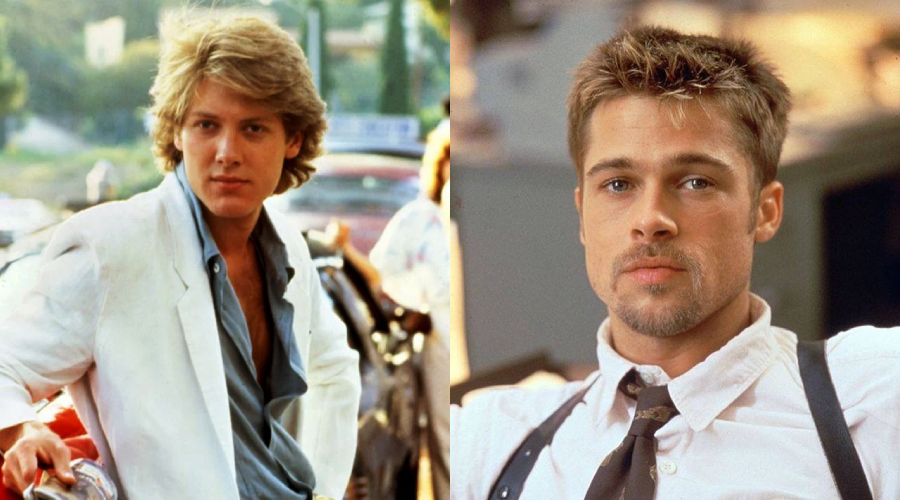 Side-by-side photos of two young men: one with blond hair wearing a white jacket outdoors, and another with short hair, a trimmed beard, and a collared shirt with suspenders indoors.