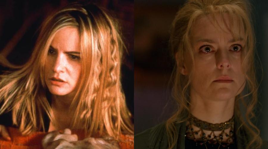 Side-by-side images of a blonde woman. On the left, she looks intense with loose, wavy hair. On the right, she gazes forward with a serious expression, wearing a necklace and her hair partly pulled back.