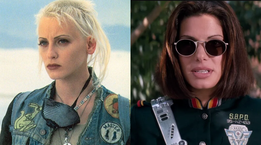 Side-by-side images: On the left, a person with short, bleached hair, wearing a denim vest with patches; on the right, a person with straight brown hair, wearing sunglasses and a police uniform.