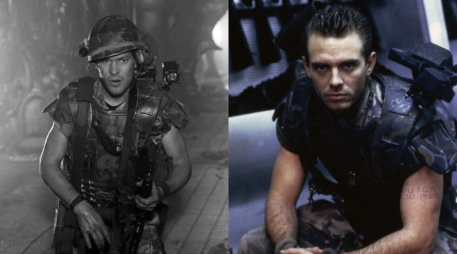 A split image showing a man in military gear. On the left, he is in black-and-white, holding a rifle, looking alert. On the right, he is in color, sitting down, looking serious, wearing a vest and camouflage pants.