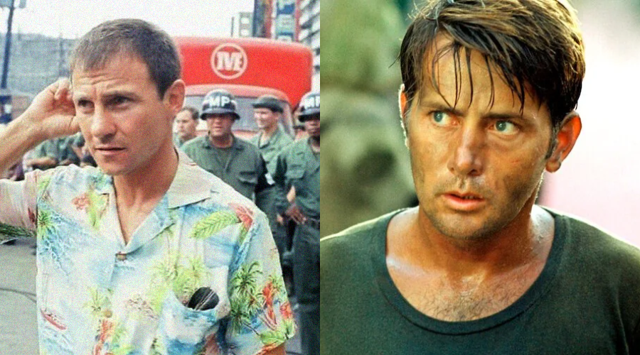 Side-by-side images: On the left, a man in a floral shirt scratches his head in front of uniformed soldiers. On the right, a sweaty man in a dark shirt looks intensely ahead, with a blurred background.