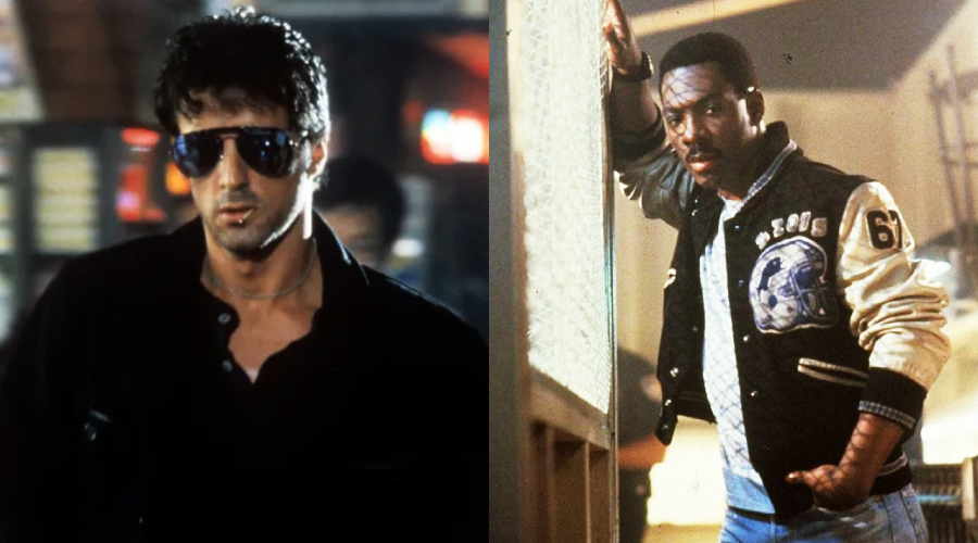 Two men are shown in separate scenes. On the left, a man wears dark sunglasses, a black jacket, and a serious expression. On the right, a man in a varsity jacket leans against a wall in a casual pose.