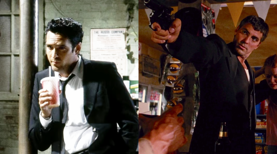 Split image: Left, a man in a black suit drinks from a pink cup with a straw in a dim room. Right, a man in a black suit points a gun in a brightly lit store with people and items visible in the background.