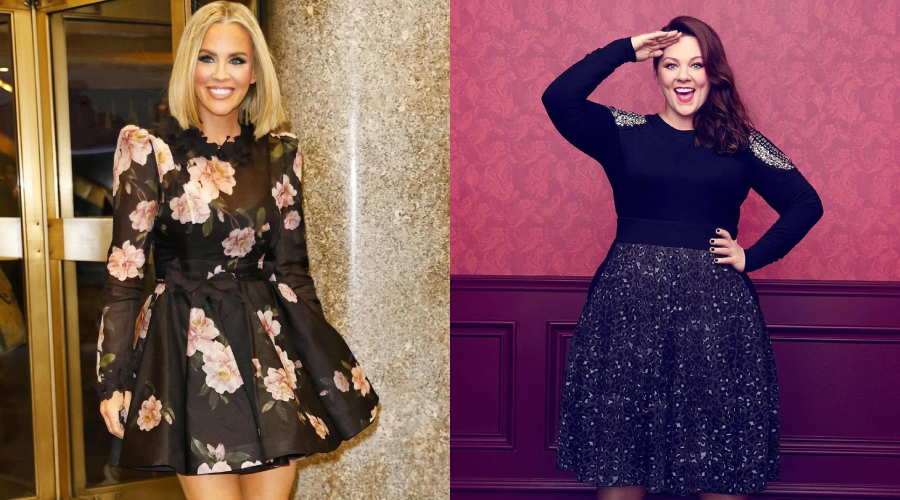 Two women pose separately against different backgrounds. The woman on the left wears a short black dress with large floral prints. The woman on the right wears a black dress with a sparkly skirt and salutes with a smile.