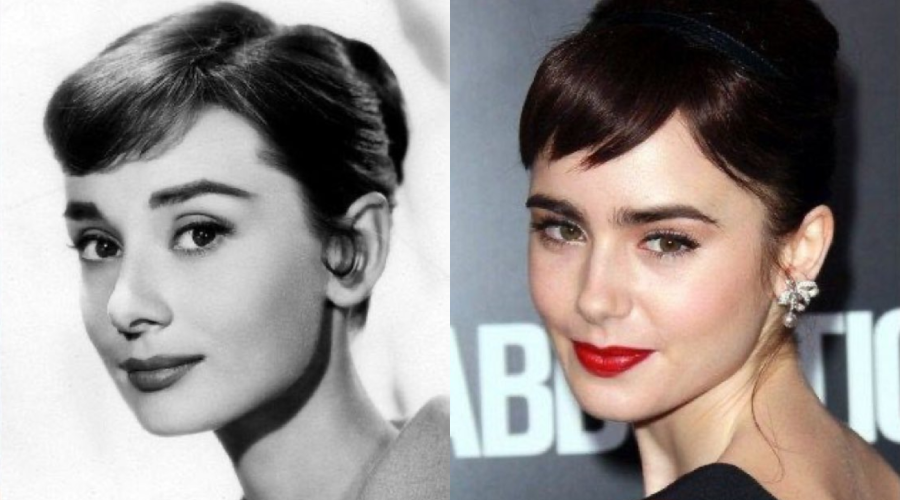A black-and-white photo of a woman with short dark hair and winged eyeliner is on the left; on the right, a color photo shows a woman with similar hair and makeup, wearing red lipstick and earrings.