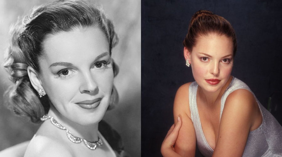 A black-and-white portrait of a woman wearing a necklace and earrings is on the left; on the right, a color portrait shows a woman in a sparkly sleeveless top with earrings against a dark background.