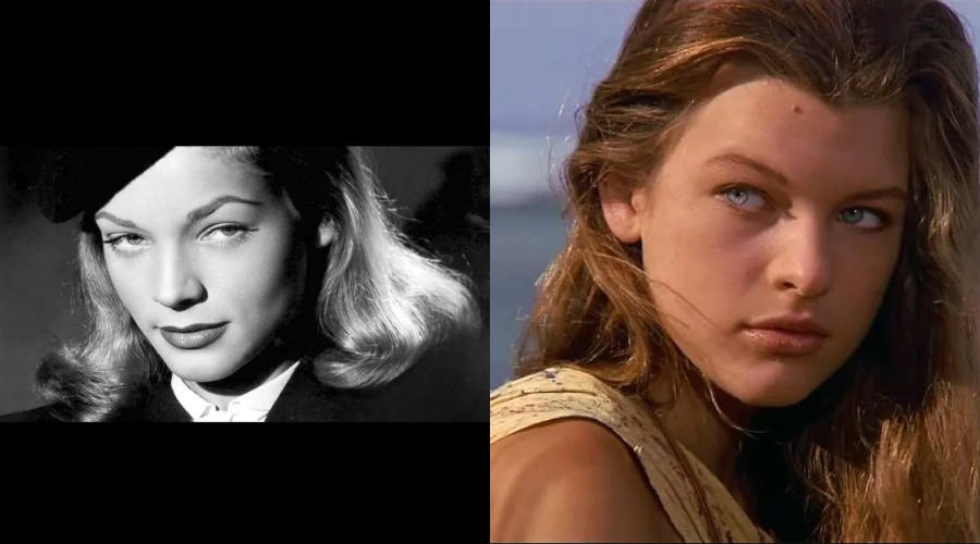 Side-by-side portraits: on the left, a black-and-white photo of a woman with wavy blond hair and a serious expression; on the right, a color photo of a young woman with long brown hair gazing to the side.