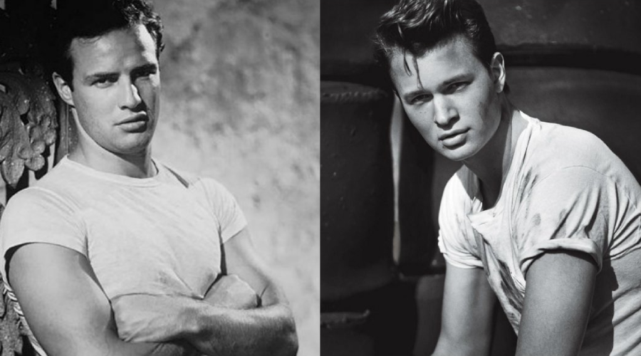 Two black-and-white photos side by side show young men with similar features, both wearing white t-shirts and posing with their arms crossed, gazing confidently at the camera against plain backgrounds.