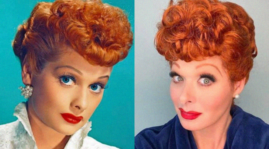 Side-by-side comparison of two women with red curly hair, blue eyes, and red lipstick, both styled similarly. The left image has a vintage feel, while the right image looks more modern.