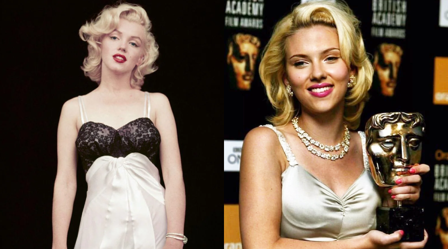 Two women with blonde hair wear light-colored dresses; the one on the left stands against a black background, and the one on the right smiles while holding a BAFTA award in front of a backdrop with event logos.