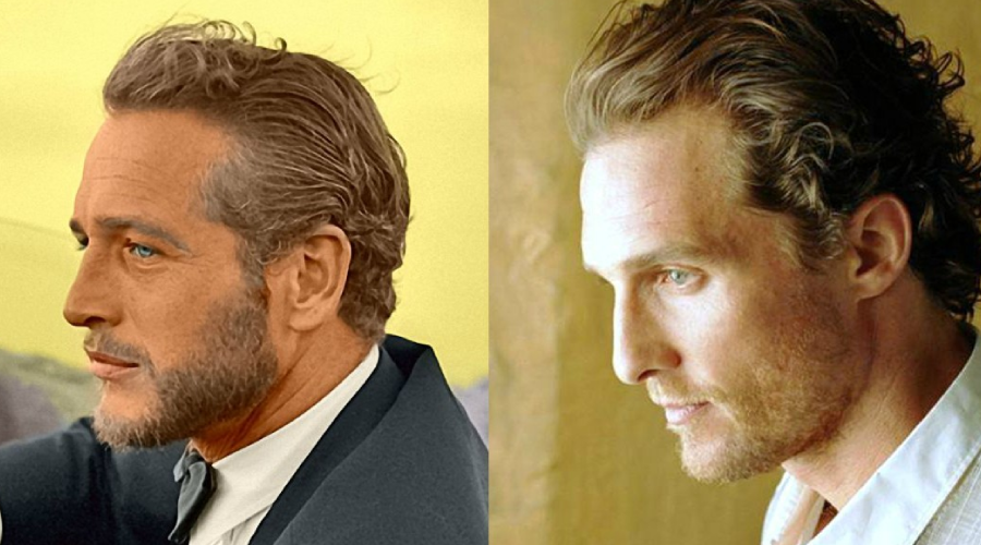 Two men with similar profiles and wavy, slicked-back hair, both facing left. The man on the left is older and dressed in a suit, while the man on the right is younger, wearing a light-colored shirt, with soft light illuminating their faces.