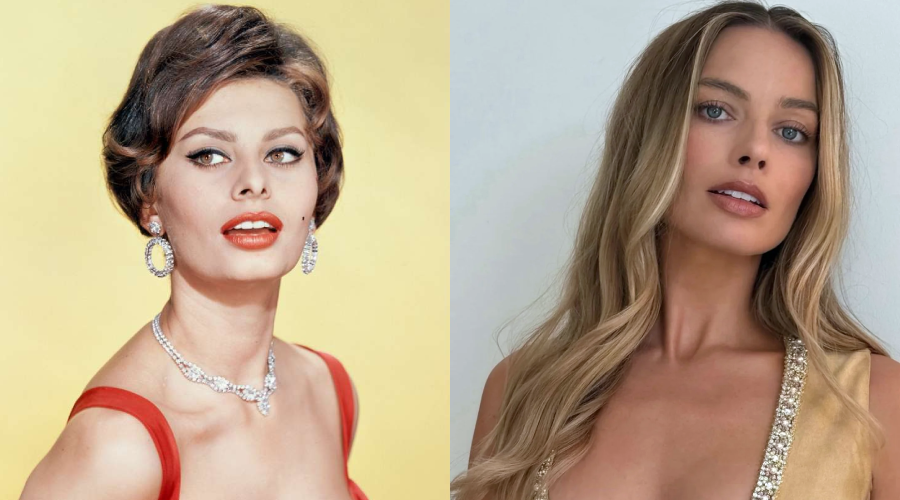 A split image shows two women: on the left, a woman with short dark hair, red lipstick, and elegant jewelry against a yellow background; on the right, a woman with long blonde hair in a gold dress against a light background.