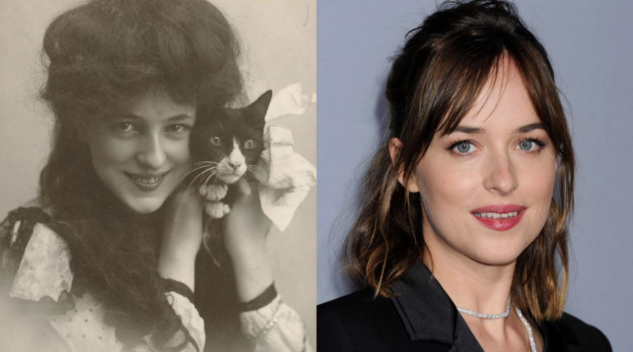 A side-by-side image: on the left, an old black-and-white photo of a woman smiling and holding a cat; on the right, a modern color photo of a woman with brown hair, light makeup, and a black top, posing for the camera.