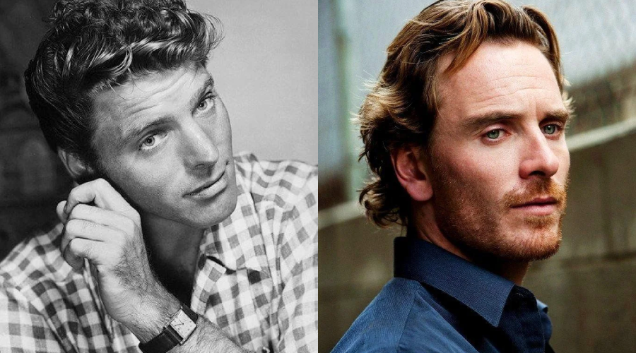 A black-and-white photo of a man touching his ear wearing a checkered shirt is on the left. On the right, a color photo shows another man with wavy hair and a beard wearing a dark blue collared shirt.