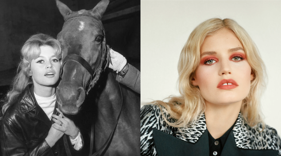 A black-and-white photo on the left shows a woman with blond hair next to a horse. On the right, a color portrait shows a blond woman with red eye makeup wearing a patterned shirt, looking into the camera.