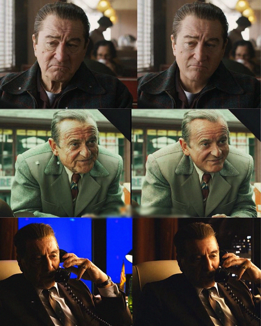 Six images of an older man in various settings: sitting in a diner, talking to someone with expressive gestures, and speaking on the phone in a darkened room with blue and yellow lights.