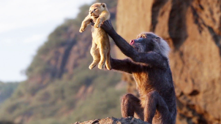 A baboon holds a lion cub up on a rock ledge with one arm raised, recreating an iconic scene from The Lion King, with a rocky cliff and sky in the background.