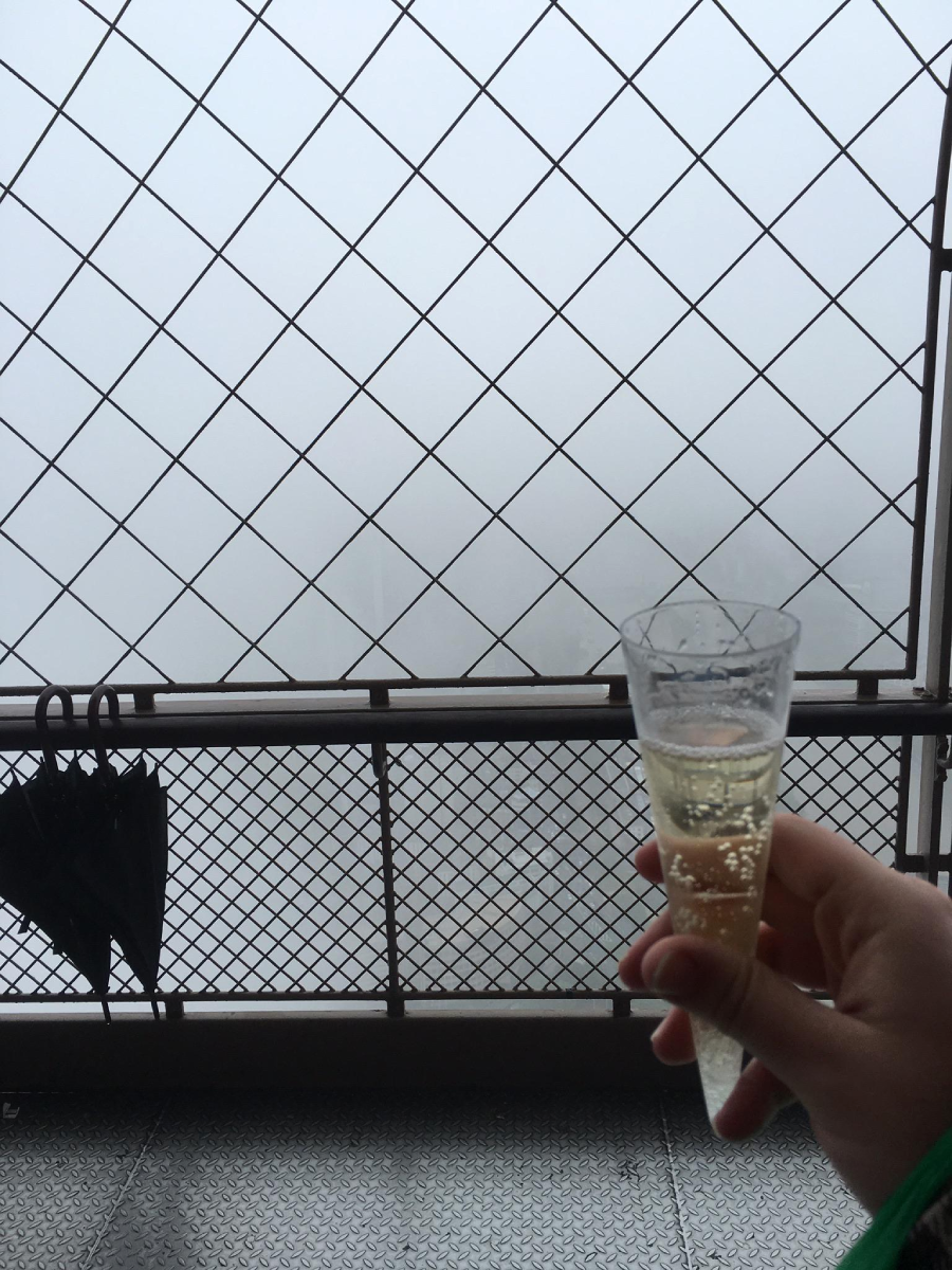 A hand holds a plastic cup of sparkling wine in front of a metal fence on a foggy day. An umbrella hangs from the fence, and visibility beyond is almost completely obscured by thick fog.