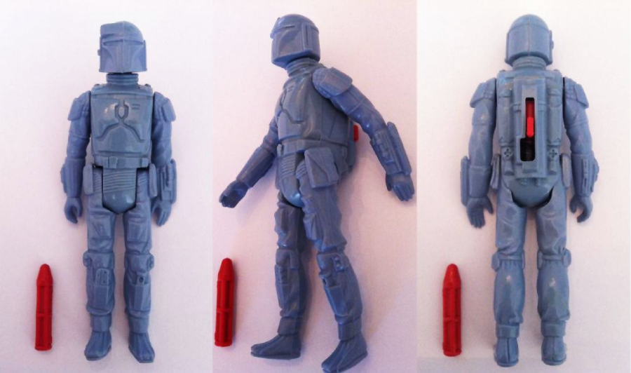 Three views of a blue action figure in futuristic armor, shown from the front, side, and back, with a red rocket accessory placed next to it in each image. A red firing mechanism is visible on the figure’s back.