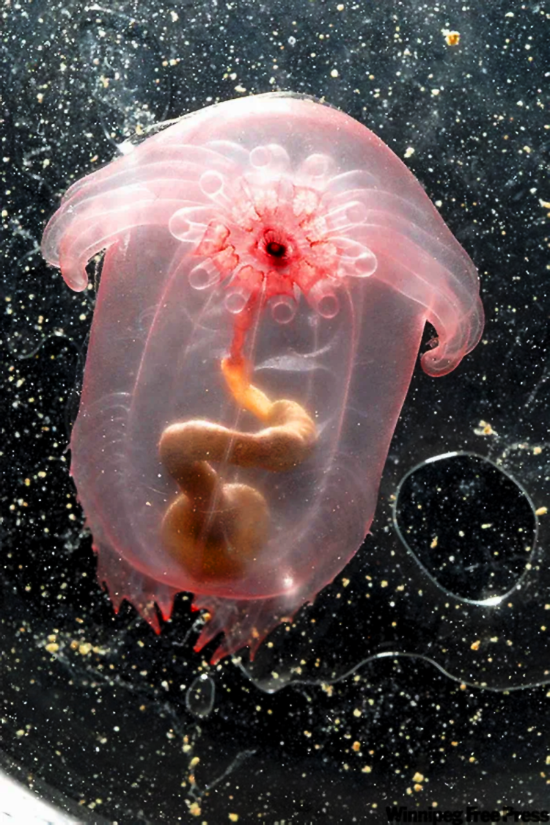 A translucent, pink deep-sea sea cucumber with visible internal organs floats against a dark, speckled background.