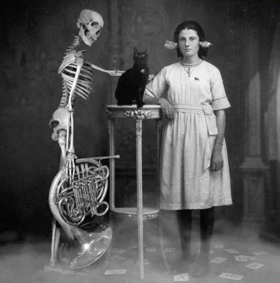 A vintage black-and-white photo showing a girl in a dress standing beside a skeleton with a French horn, a black cat seated on a small table between them, and scattered playing cards on the floor.